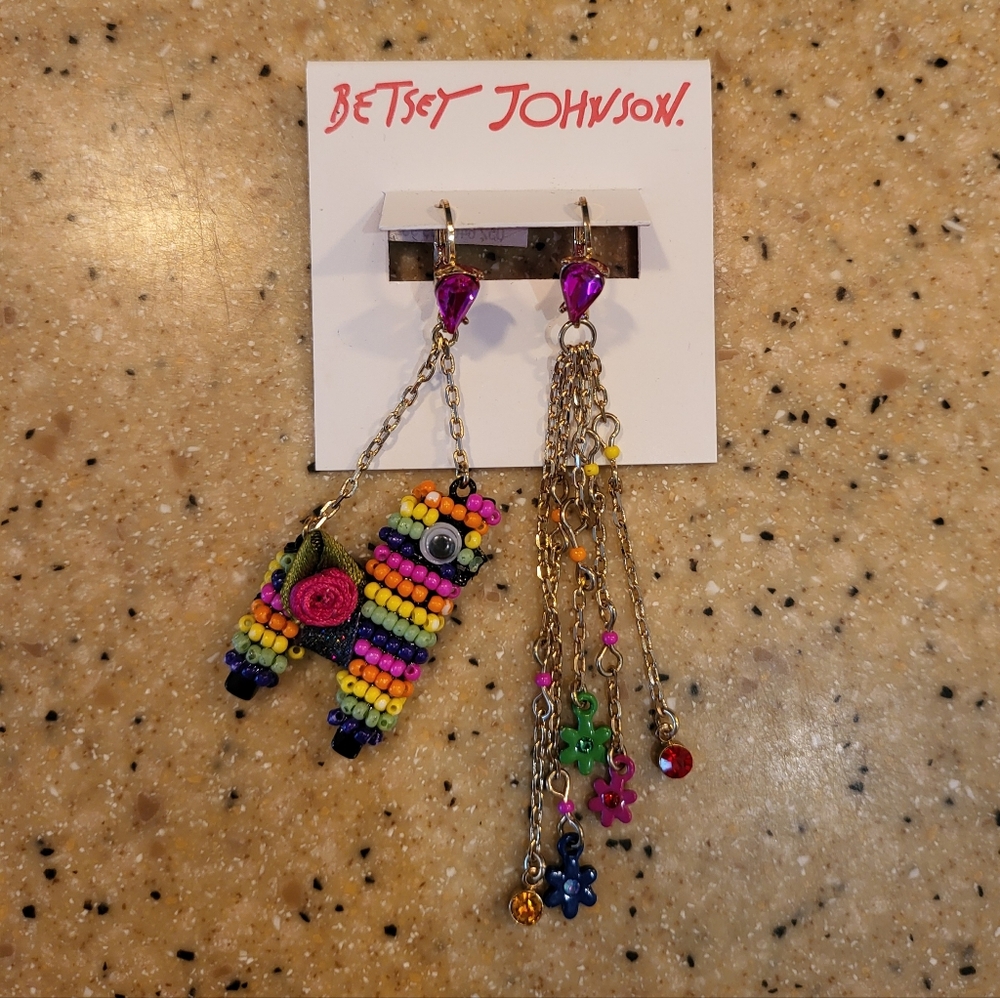 NWT Betsey Johnson Piniata Beaded Mismatch Earrings Other with Chains and Charms